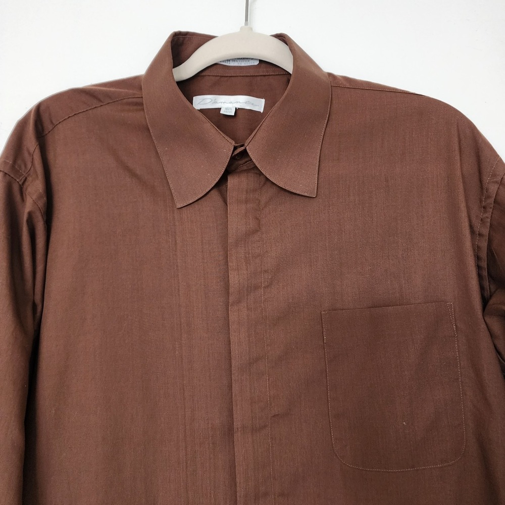 Vintage Diamante Single Needle Tailoring Brown Hidden Placket Dress Shirt 16.5